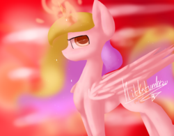 Size: 1024x800 | Tagged: safe, artist:penpale-heart, princess celestia, alicorn, pony, g4, ethereal mane, eye reflection, female, glowing horn, horn, lidded eyes, looking at you, mare, missing accessory, profile, red sky, reflection, solo, starry mane