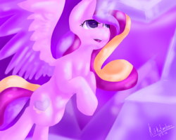Size: 999x800 | Tagged: safe, artist:penpale-heart, princess cadance, alicorn, pony, g4, crystal, eye reflection, female, glowing horn, horn, mare, missing accessory, one wing out, open mouth, reflection, smiling, solo