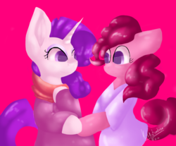 Size: 967x800 | Tagged: safe, artist:penpale-heart, pinkie pie, rarity, earth pony, pony, unicorn, semi-anthro, g4, arm hooves, big ears, bipedal, clothes, dress, female, floppy ears, hoof hold, hooves to the chest, lesbian, looking at each other, mare, pink background, scarf, ship:raripie, shipping, simple background