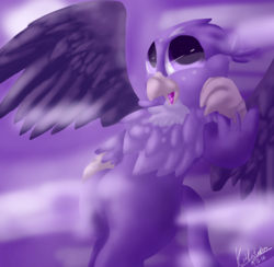 Size: 821x800 | Tagged: safe, artist:penpale-heart, gabby, griffon, g4, eye reflection, female, flying, open mouth, reflection, solo, spread wings, wings