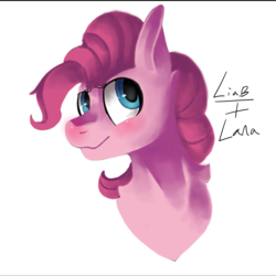 Size: 1280x1280 | Tagged: artist needed, safe, artist:penpale-heart, pinkie pie, earth pony, pony, g4, blushing, bust, collaboration, female, mare, red nosed, simple background, solo, white background