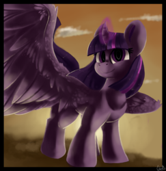 Size: 1280x1317 | Tagged: safe, artist:penpale-heart, twilight sparkle, alicorn, pony, g4, curved horn, dawn, female, glowing horn, horn, large wings, looking at you, mare, morning, smiling, solo, spread wings, twilight sparkle (alicorn), wings