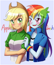 Size: 910x1110 | Tagged: safe, artist:tastyrainbow, applejack, rainbow dash, equestria girls, g4, blushing, cute, dashabetes, female, jackabetes, lesbian, ship:appledash, shipping