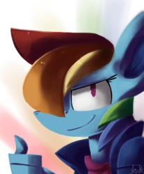 Size: 1280x1545 | Tagged: safe, artist:penpale-heart, rainbow dash, anthro, g4, alternate universe, big ears, clothes, female, hair over one eye, looking at you, sidemouth, simple background, smiling, solo, thumbs up, transparent background