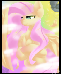 Size: 515x620 | Tagged: safe, artist:penpale-heart, fluttershy, pegasus, pony, g4, cloud, feather, female, lidded eyes, mare, smiling, solo