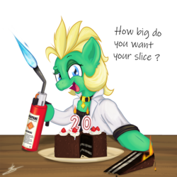 Size: 1200x1200 | Tagged: safe, artist:hardlugia, oc, oc only, oc:professor sugarcube, earth pony, pony, birthday, blowtorch, cake, clothes, collar, female, fire, food, lab coat, looking at you, open mouth, raised eyebrow, simple background, solo, text, transparent background
