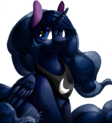 Size: 1280x1406 | Tagged: safe, artist:penpale-heart, princess luna, alicorn, pony, g4, crescent moon, ethereal mane, eye reflection, female, mare, missing accessory, moon, peytral, reflection, simple background, sitting, smiling, solo, starry mane, transparent background, wingding eyes