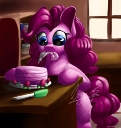 Size: 1280x1353 | Tagged: safe, artist:penpale-heart, pinkie pie, earth pony, pony, g4, cake, female, food, frosting, icing bag, mare, mouth hold, sitting, solo, strawberry