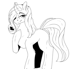 Size: 1280x1218 | Tagged: safe, artist:penpale-heart, pony, unicorn, black and white, blank flank, curved horn, female, grayscale, hair over one eye, hoof on chest, horn, lidded eyes, lineart, looking at you, mare, monochrome, simple background, smiling, solo, three quarter view, white background