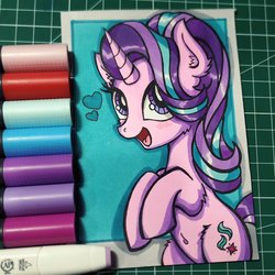 Size: 2048x2048 | Tagged: safe, artist:canvymamamoo, starlight glimmer, pony, unicorn, g4, belly button, bipedal, cheek fluff, cute, ear fluff, female, glimmerbetes, heart, high res, leg fluff, mare, marker drawing, open mouth, solo, traditional art