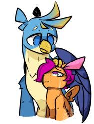 Size: 1280x1694 | Tagged: safe, artist:penpale-heart, gallus, scootaloo, griffon, pegasus, pony, g4, crying, duo, female, filly, friendshipping, frown, hair over one eye, looking at each other, male, one wing out, simple background, transparent background