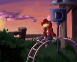 Size: 1280x1026 | Tagged: safe, artist:penpale-heart, apple bloom, earth pony, anthro, unguligrade anthro, g4, clothes, female, jacket, missing accessory, monkey bars, pants, playground, shirt, sitting, solo, straw in mouth, twilight (astronomy)