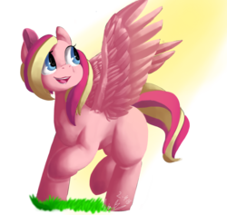 Size: 1280x1211 | Tagged: safe, artist:penpale-heart, oc, oc only, oc:rose marsh, pegasus, pony, blank flank, crepuscular rays, female, grass, looking back, mare, open mouth, raised hoof, simple background, smiling, solo, spread wings, transparent background, two toned mane, wings