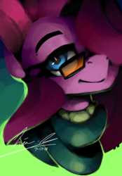 Size: 800x1148 | Tagged: safe, artist:penpale-heart, pinkie pie, earth pony, pony, g4, abstract background, bust, clothes, female, glasses, hair over one eye, lidded eyes, looking at you, mare, pinkamena diane pie, smiling, solo, sweater