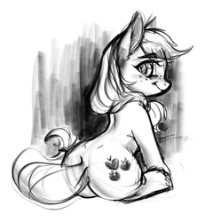 Size: 2236x2247 | Tagged: safe, artist:taytinabelle, applejack, earth pony, pony, applebucking thighs, applebutt, black and white, butt, cute, female, fluffy, grayscale, looking at you, looking back, looking back at you, mare, monochrome, plot, simple background, sketch, smiling, solo, white background