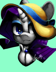 Size: 1280x1643 | Tagged: safe, artist:penpale-heart, rarity, pony, unicorn, g4, bust, clothes, eyeshadow, female, hat, hat over eyes, makeup, mare, simple background, solo