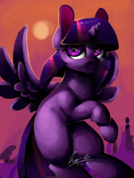 Size: 1280x1698 | Tagged: safe, artist:penpale-heart, twilight sparkle, alicorn, pony, g4, abstract background, eye reflection, female, flying, looking at you, mare, missing cutie mark, reflection, smiling, solo, spread wings, sun, twilight sparkle (alicorn), wings