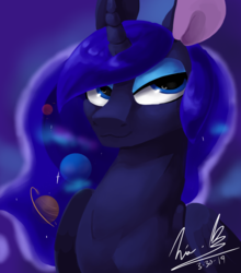 Size: 1280x1457 | Tagged: safe, artist:penpale-heart, princess luna, alicorn, pony, g4, bust, curved horn, ethereal mane, eye reflection, eyeshadow, female, galaxy mane, gradient background, horn, lidded eyes, makeup, mare, missing accessory, planet, reflection, smiling, solo, starry mane