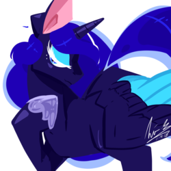 Size: 1280x1280 | Tagged: safe, artist:penpale-heart, princess luna, alicorn, pony, g4, blush sticker, blushing, colored wings, eyeshadow, female, hoof on chest, lidded eyes, makeup, mare, missing accessory, simple background, solo, transparent background, wings