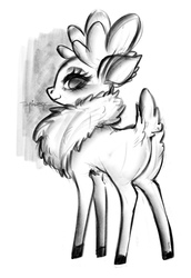 Size: 1772x2575 | Tagged: safe, artist:taytinabelle, derpibooru exclusive, velvet (tfh), deer, reindeer, them's fightin' herds, black and white, butt, community related, cute, doe, female, fluffy, grayscale, looking at you, looking back, looking back at you, monochrome, plot, simple background, sketch, solo, velvetbutt, white background