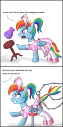 Size: 1000x2000 | Tagged: safe, artist:cappie, rainbow dash, pegasus, pony, g4, alternate hairstyle, bound wings, clothes, comic, dialogue, dress, female, maid, offscreen character, ponytail, puffy sleeves, punishment, rainbow dash always dresses in style, rainbow maid, reddened butt, restrained, satin, shoes, silk, simple background, sissy, skirt, skirt lift, skirt pull, slapping, socks, solo, spank mark, spanking, spanking machine, stockings, thigh highs, tomboy taming, vase, white background, wings