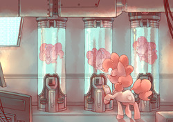 Size: 1280x905 | Tagged: safe, artist:sony-shock, pinkie pie, earth pony, pony, g4, cable, cables, clipboard, clone, cloning, clothes, computer, computer screen, fluid, lab coat, laboratory, monitor, pinkie clone, pipe (plumbing), pipes, science, science fiction, scientist, screen, sleeping, tube, tubes, wires