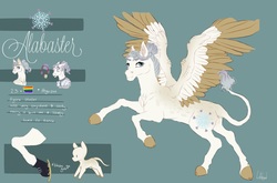 Size: 3537x2335 | Tagged: safe, artist:lullabyess, oc, oc:alabaster, pegasus, pony, cloven hooves, colored hooves, colored wings, colored wingtips, high res, ice skates, leonine tail, male, medal, rearing, reference sheet, stallion, wings