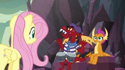 Size: 1920x1080 | Tagged: safe, screencap, fluttershy, garble, smolder, dragon, pegasus, pony, g4, sweet and smoky, beatnik, bongos, brother and sister, dragoness, embarrassed, female, male, mare, musical instrument, siblings, trio