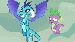 Size: 1920x1080 | Tagged: safe, screencap, princess ember, spike, dragon, g4, season 9, sweet and smoky, animation error, dragoness, female, floating, flying, male, missing wing, wingless, wingless dragon, wingless spike