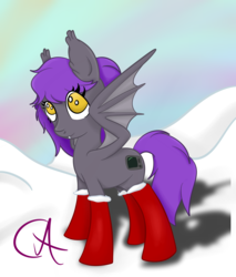 Size: 2057x2416 | Tagged: safe, artist:luxsimx, oc, oc:sydney, bat pony, pony, fallout equestria, bat pony oc, christmas, christmas stocking, high res, holiday, nuclear winter
