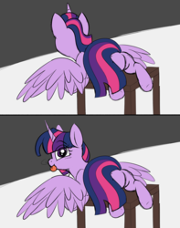 Size: 3000x3800 | Tagged: safe, artist:taaffeiite, derpibooru exclusive, twilight sparkle, alicorn, pony, g4, :p, behaving like a cat, big eyes, blushing, butt, colored sketch, cute, female, high res, looking at you, looking back, looking back at you, mare, plot, ponified animal photo, rear view, silly, silly pony, simple background, solo, spread wings, table, tongue out, twiabetes, twibutt, twilight sparkle (alicorn), wings