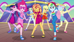 Size: 1280x720 | Tagged: safe, screencap, applejack, fluttershy, pinkie pie, rainbow dash, rarity, sci-twi, sunset shimmer, twilight sparkle, equestria girls, g4, i'm on a yacht, my little pony equestria girls: better together, cruise outfit, dancing, feet, female, humane five, humane seven, humane six, legs, looking at you, sandals, sleeveless