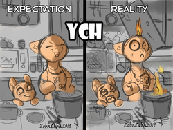 Size: 1024x768 | Tagged: safe, pony, advertisement, any gender, any species, auction, commission, digital art, expectation vs reality, funny, kitchen, sketch, your character here