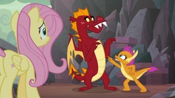Size: 1920x1080 | Tagged: safe, screencap, fluttershy, garble, smolder, dragon, pegasus, pony, g4, sweet and smoky, angry, brother and sister, butt, claws, dragon lands, dragoness, fangs, female, folded wings, furious, horns, learning, looking up, male, mare, nervous, plot, pointing, siblings, trio, wings