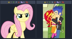 Size: 483x267 | Tagged: safe, edit, flash sentry, fluttershy, sunset shimmer, pegasus, pony, derpibooru, equestria girls, g4, sweet and smoky, angry, cropped, female, fluttershy is not amused, juxtaposition, juxtaposition win, kissing, male, meme, meta, ship:flashimmer, shipping, shipping denied, simple background, straight, unamused, vector, wavy mouth