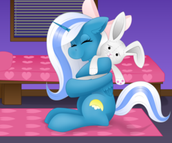 Size: 1280x1067 | Tagged: safe, artist:zeronitroman, oc, oc:fleurbelle, alicorn, pony, rabbit, adorabelle, alicorn oc, animal, bedroom, bedsheets, bow, cute, eyes closed, female, hair bow, hug, mare, ocbetes, plushie, sweet