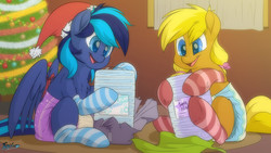 Size: 6200x3500 | Tagged: safe, artist:fluffyxai, oc, oc:cobalt runner, oc:kaity starheart, earth pony, pegasus, pony, abdl, christmas, clothes, decoration, diaper, diaper fetish, fetish, hat, hearth's warming, holiday, non-baby in diaper, paper, present, santa hat, smiling, socks, striped socks, tree, wrapping paper