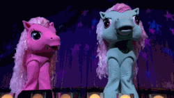 Size: 640x360 | Tagged: safe, minty, pinkie pie (g3), earth pony, pony, g3, animated, duo, eyes closed, female, gif, irl, mare, nuzzling, photo, quadsuit, the world's biggest tea party, uncanny valley