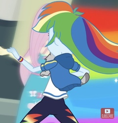 Size: 555x575 | Tagged: safe, screencap, fluttershy, rainbow dash, cat, equestria girls, g4, my little pony equestria girls: better together, run to break free, cropped, female, youtube