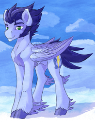 Size: 800x1020 | Tagged: safe, artist:thatonegib, soarin', pegasus, pony, g4, cloud, colored feathertips, eyebrows, feathered fetlocks, folded wings, green eyes, looking at you, male, redesign, sideburns, signature, solo, stallion, unshorn fetlocks, wings