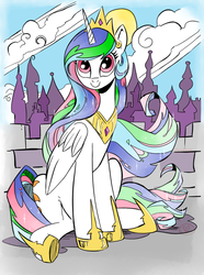Size: 744x1000 | Tagged: safe, artist:andy price, artist:ryuredwings, color edit, edit, princess celestia, alicorn, pony, g4, canterlot, cloud, colored, crown, cute, cutelestia, female, hoof shoes, i can't believe it's not idw, jewelry, looking at you, mare, regalia, sitting, solo, sun