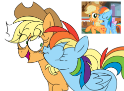 Size: 1186x874 | Tagged: safe, artist:taaffeiite, derpibooru exclusive, applejack, rainbow dash, earth pony, pegasus, pony, g4, the mysterious mare do well, applejack's hat, blushing, cheek kiss, comparison, cowboy hat, duo, female, freckles, hat, kissing, lesbian, mare, redraw, scene interpretation, ship:appledash, shipping, simple background, surprised, transparent background
