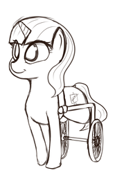 Size: 710x1050 | Tagged: safe, artist:crabs_of_steam, oc, oc only, oc:sumi brushstroke, pony, unicorn, amputee, female, handicapped, mare, monochrome, solo, wheelchair