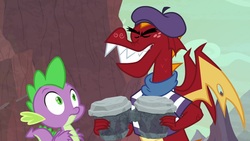 Size: 1920x1080 | Tagged: safe, screencap, garble, spike, dragon, g4, sweet and smoky, beret, bongos, clothes, hat, musical instrument, shirt, winged spike, wings