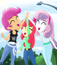 Size: 3000x3360 | Tagged: safe, artist:theretroart88, apple bloom, scootaloo, sweetie belle, equestria girls, g4, breasts, cleavage, clothes, cutie mark crusaders, female, high five, high res, older, older apple bloom, older scootaloo, older sweetie belle, smiling