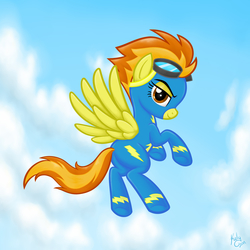 Size: 3078x3078 | Tagged: safe, artist:kalyandra, spitfire, pegasus, pony, g4, bedroom eyes, clothes, cloud, female, flying, goggles, high res, looking at you, mare, profile, signature, sky, smiling, solo, spread wings, uniform, wings, wonderbolts, wonderbolts uniform