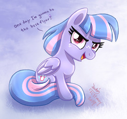 Size: 1325x1240 | Tagged: safe, artist:joakaha, wind sprint, pegasus, pony, common ground, g4, dialogue, female, filly, looking at you, open mouth, smiling, solo