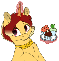 Size: 431x445 | Tagged: safe, artist:69beas, oc, oc only, oc:jessie feuer, pony, unicorn, chest fluff, collar, cupcake, female, food, glowing horn, horn, magic, magic aura, mare, simple background, smiling, solo, telekinesis, transparent background