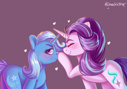 Size: 3000x2096 | Tagged: safe, artist:neonishe, starlight glimmer, trixie, pony, unicorn, g4, boop, cute, diatrixes, eyes closed, female, glimmerbetes, heart, high res, lesbian, mare, purple background, ship:startrix, shipping, simple background, smiling