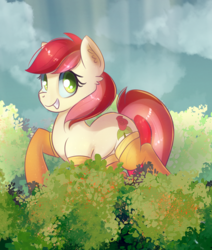 Size: 1882x2216 | Tagged: safe, artist:autumnvoyage, roseluck, earth pony, pony, g4, bush, cloud, female, sky, solo, teeth